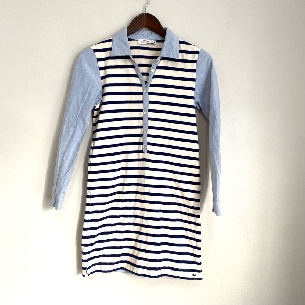 VINEYARD VINES Girls Large 14 Ivory Navy Stripe Oxford Long Sleeve Shirt Dress